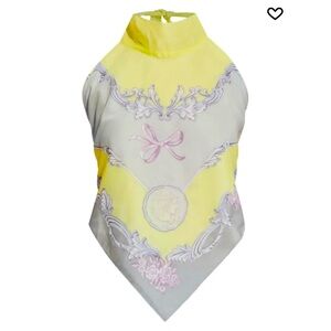 Versace Yellow, Light Gray & Pink Silk Halter Scarf Top